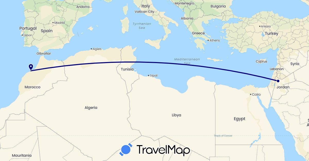 TravelMap itinerary: driving in Jordan, Morocco (Africa, Asia)